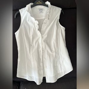 Sleeveless white button down ruffled blouse from Brooks Brothers